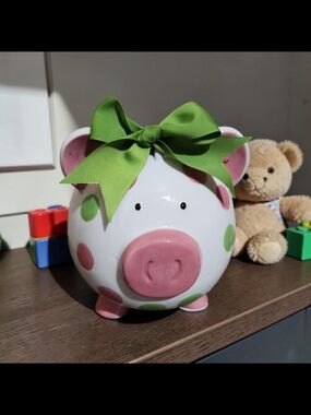 Burton & Burton Polka Dot Piggy Bank with Green Bow -